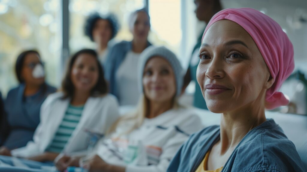 Em primeiro plano, mulher negra e magra com lenço rosa na cabeça. Mais ao fundo, outras mulheres