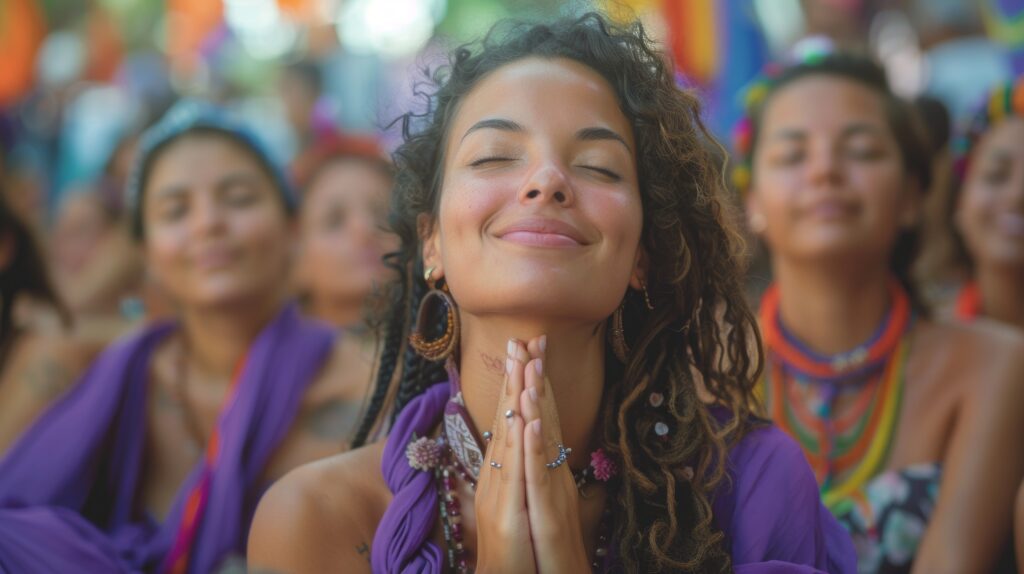 Em primeiro plano, mulher branca de cabelos cacheados longos de olhos fechados e mãos em posição de prece