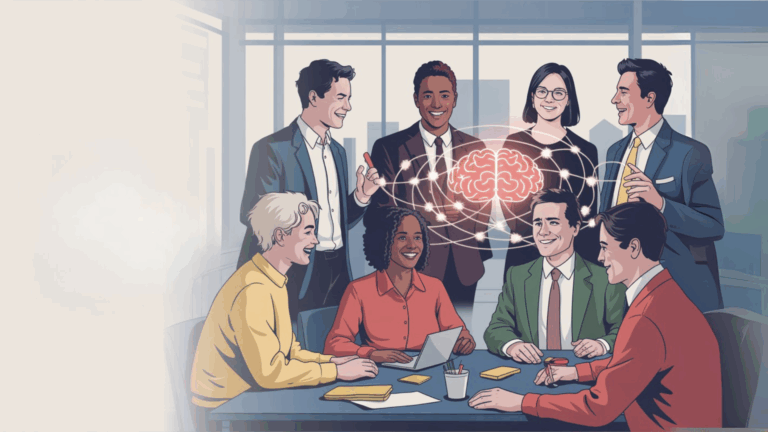 ilustração digital de pessoas com trajes formais em um ambiente de escritório. quatro pessoas estão sentadas à mesa no primeiro plano e outras quatro, ao fundo e de pé. Um cérebro em meio a feixes de luz levita sobre as cabeças das pessoas sentadas.