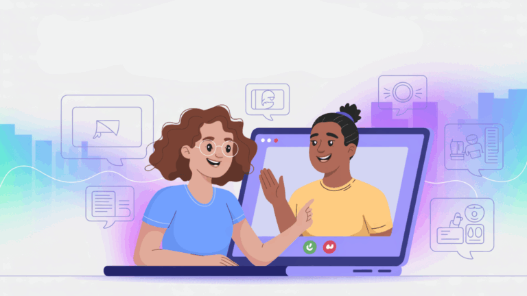 ilustração de uma jovem branca de óculos, sentada à mesa, conversa com uma jovem negra de cóqui, que está na tela do computador