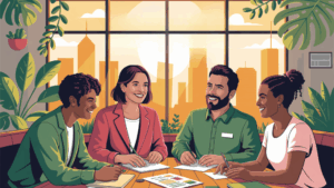 Ilustração digital de dois homens e duas mulheres sentadas, com papéis e cadernos sobre a mesa em que se reúnem. Ao fundo, janela grande com silhueta de prédios na cor laranja sob o sol. Muitas plantas ao redor das pessoas
