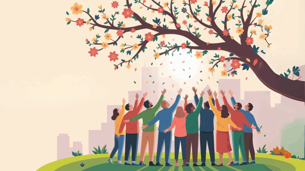 ilustração digital de um grupo de pessoas juntas com os braços levantados. Elas sorriem e estão debaixo de uma árvore. As pessoas tentam pegar folhinha que caem dessa árvore