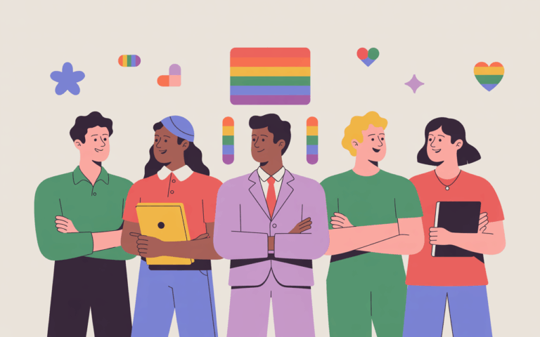 ilustração digital de cinco pessoas diversas. Acima da cabeça delas, ícones variados com as cores da bandeira LGBTQIA