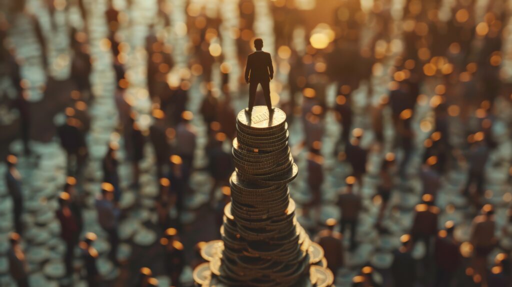 Um homem de terno e de costas no topo de uma pilha de moedas. lá embaixo, imagem desfocada de dezenas de outras pessoas