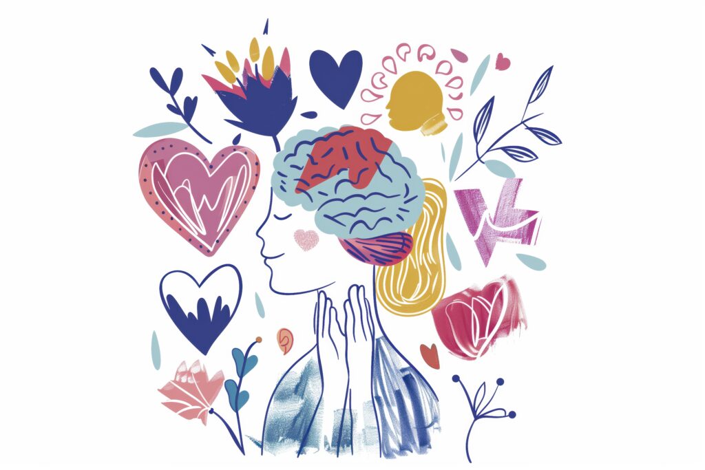 desenho com traçado azul escuro de uma pessoa de olhos fechados que olha pra esquerda com as mãos espalmadas juntas na altura do pescoço. O cérebro da pessoa está em azul claro. Ao redor da pessoa, desenhos de corações, flores e ramos em tons bordô, amarelo, azul escuro e rosa