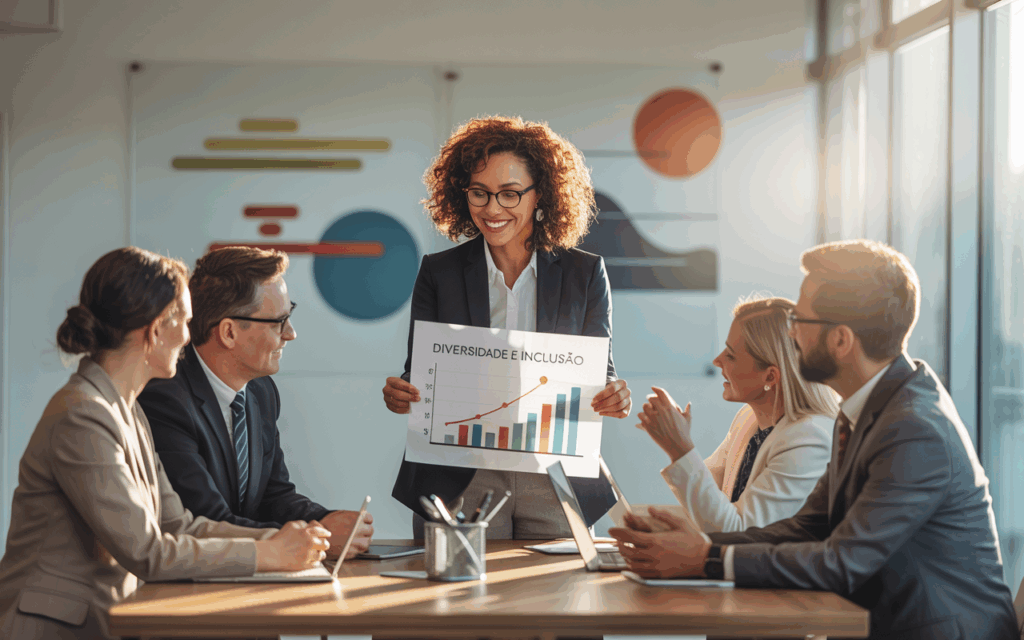 Imagem realista gerada por IA de uma mulher parda de cabelos cacheados de pé e mais quatro pessoas sentadas olhando pra ela. A mulher segura uma folha com um gráfico de barras que indica crescimento. As pessoas estão numa reunião de trabalho, dentro de uma sala de escritório