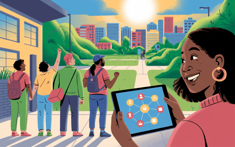 Uma mulher negra segura um tablete com a imagem de oito ícones conectados entre si por linhas. Mais ao fundo, quatro jovens de costas olham para prédio ao fundo sob o sol. o ambiente é bem arborizado.