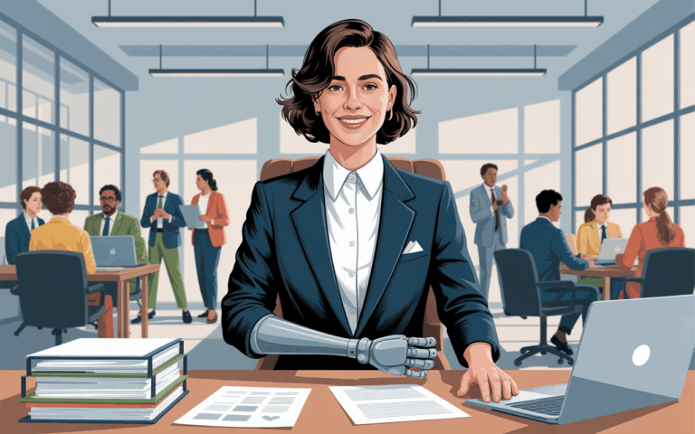 ilustração digital de uma mulher branca de cabelos castanhos curtos. Ela tem um braço mecânico e veste blazer azul escuro sobre camisa branca. A mulher está sentada à mesa com um computador e papéis. Ela está num escritório com pessoas ao fundo.