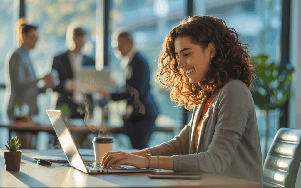 Mulher branca de cabelos castanhos cacheados sorri enquanto trabalha ao notebook, sentada à mesa.
