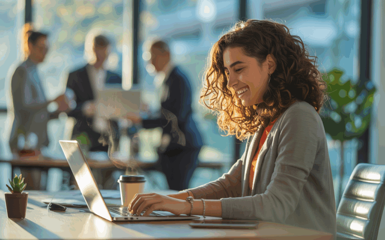 Mulher branca de cabelos castanhos cacheados sorri enquanto trabalha ao notebook, sentada à mesa.