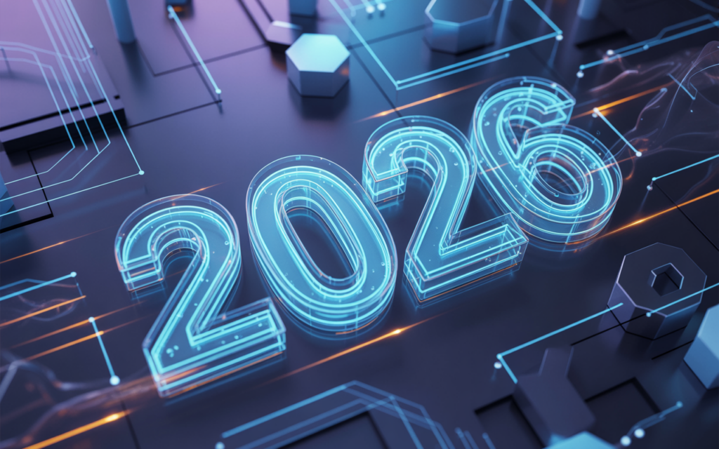 2026 escrito em neon azul sobre uma placa de circuito integrado moderna